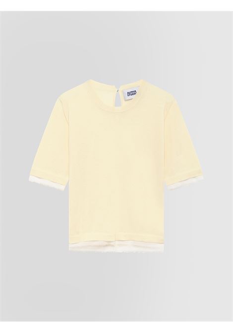 Alpha Studio Girocollo Mix Fabric in voile di cotone con profili in chiffon  Giallo ALPHA STUDIO | Maglieria | AD-6070C2012